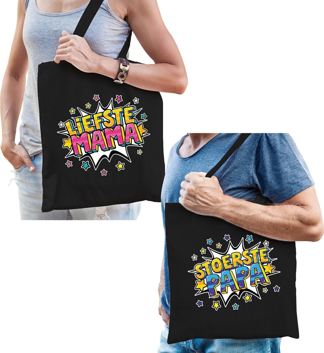 Stoerste papa en Liefste mama tasje - Cadeau boodschappentasjes set voor Papa en Mama - Moederdag en Vaderdag cadeautje