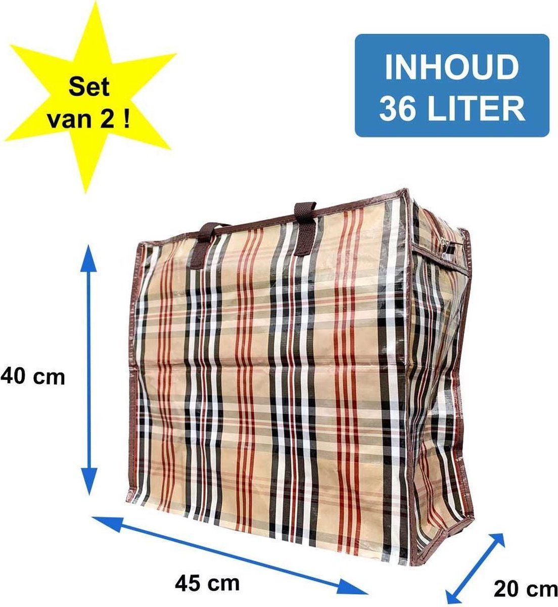 MixMamas Big Shoppers met rits M - Set van 2 - 45 x 40 cm - Ruit Beige