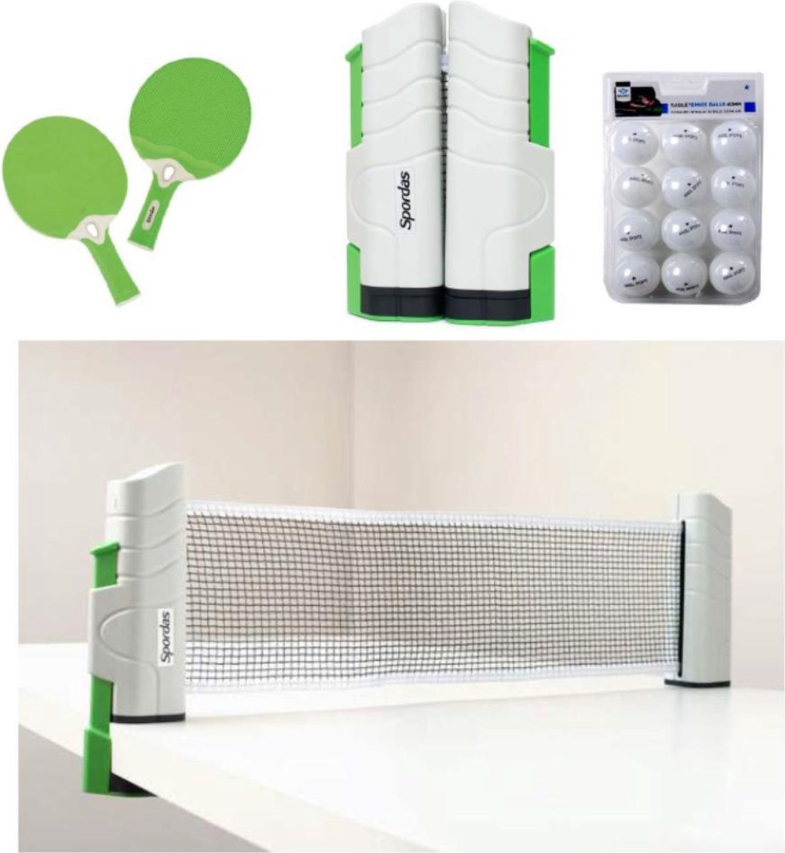 Tafeltennisset Spordas | Complete set | 1 Uitrekbaar net | 2 Onbreekbare batjes | 12 Tafeltennisballen