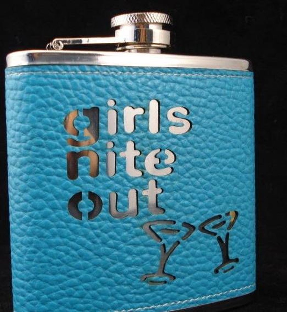 Blauw kunstlederen RVS heupfles 177 ml - Girls Nite Out - Veldfles blauw PU leder - Platvink - Zakflacon - Heupflacon leer - Drankfles - Drankflacon - PU Leren Zakfles - Blue Leather