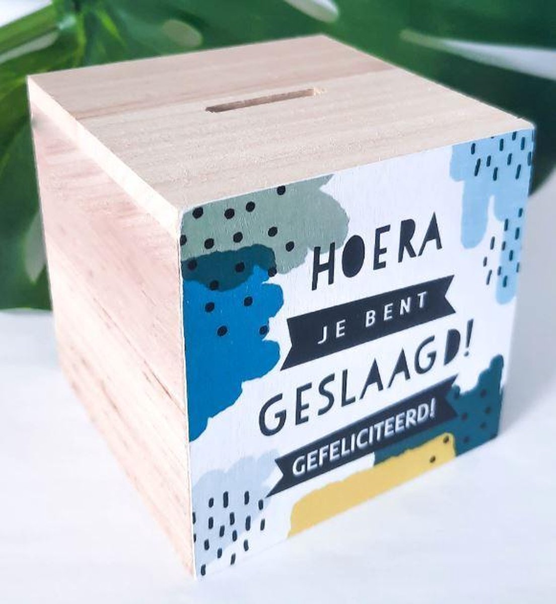 Houten spaarpot | Geslaagd| Diploma| Eindexamen| School| Cadeau | Geld | Sparen | Blauw | Cadeautip