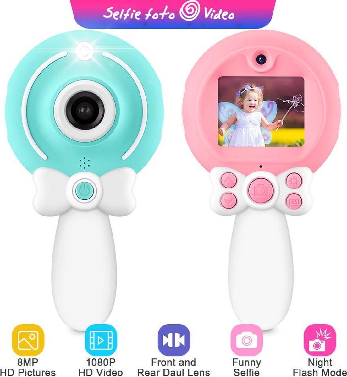 8MP Digitale Kindervideo Camera - Voor en  Achter Lens voor Selfie - Speelgoed - Roze