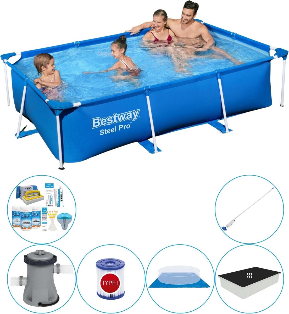 Bestway Steel Pro Rechthoekig Zwembad - 259 x 170 x 61 cm - Blauw - Inclusief Pomp en Accessoires