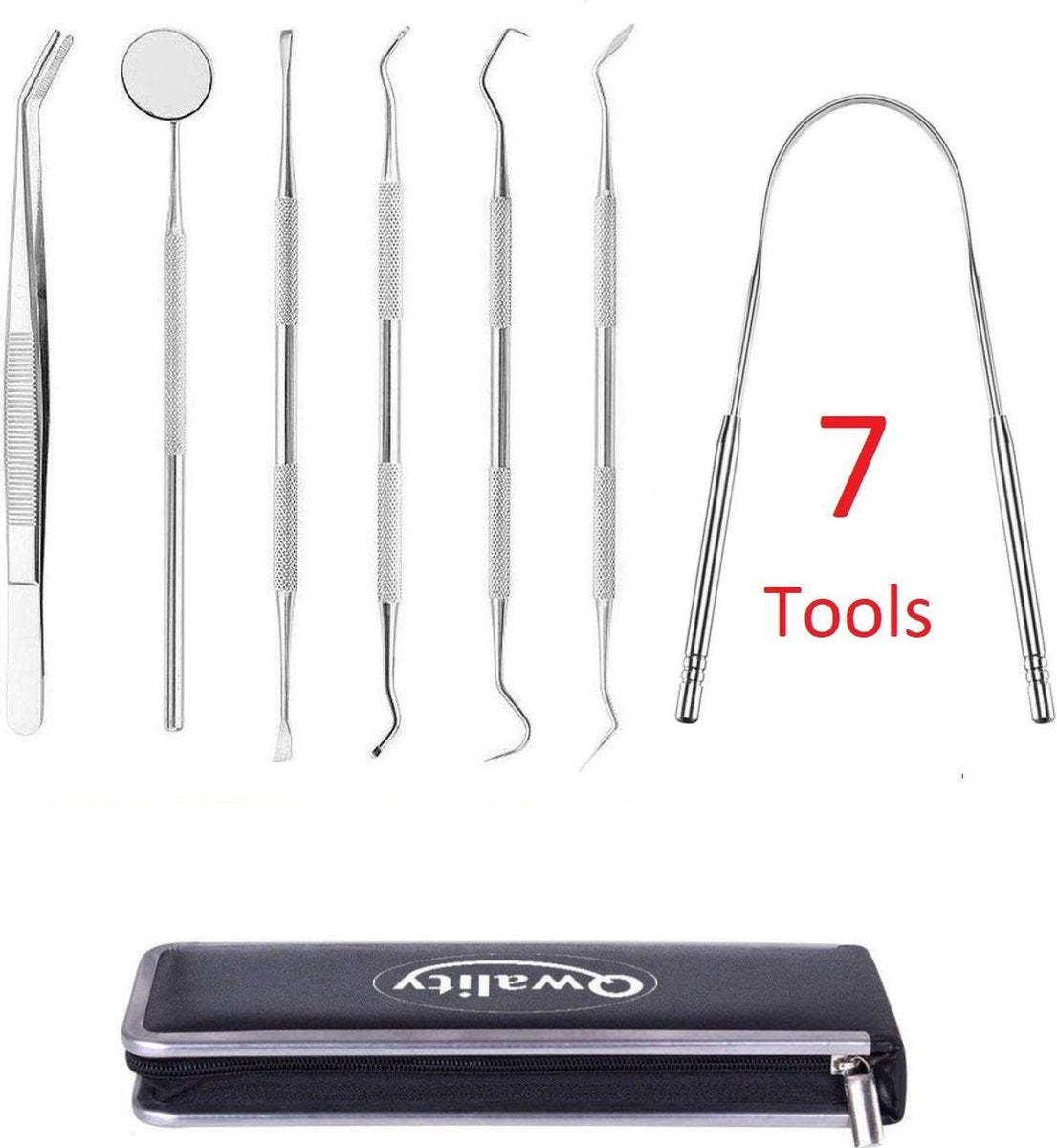 Tandarts Set met Etui – 7 Tools - Gebit Verzorging Setje - Tandartshaakje - Tandplak verwijderen - Mond spiegel - Tongschraper – Qwality