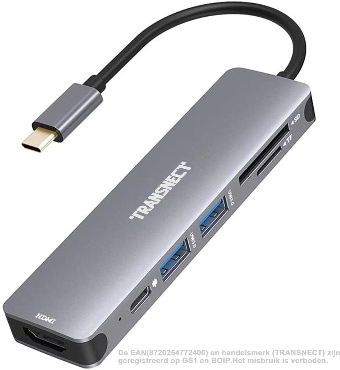 Transnect - 6 in 1 - USB C Hub - met 4K HDMI poort - SD en microSD kaart kaartlezer - 2 x usb3.0 poorten - 1x type C poort - Aluminium