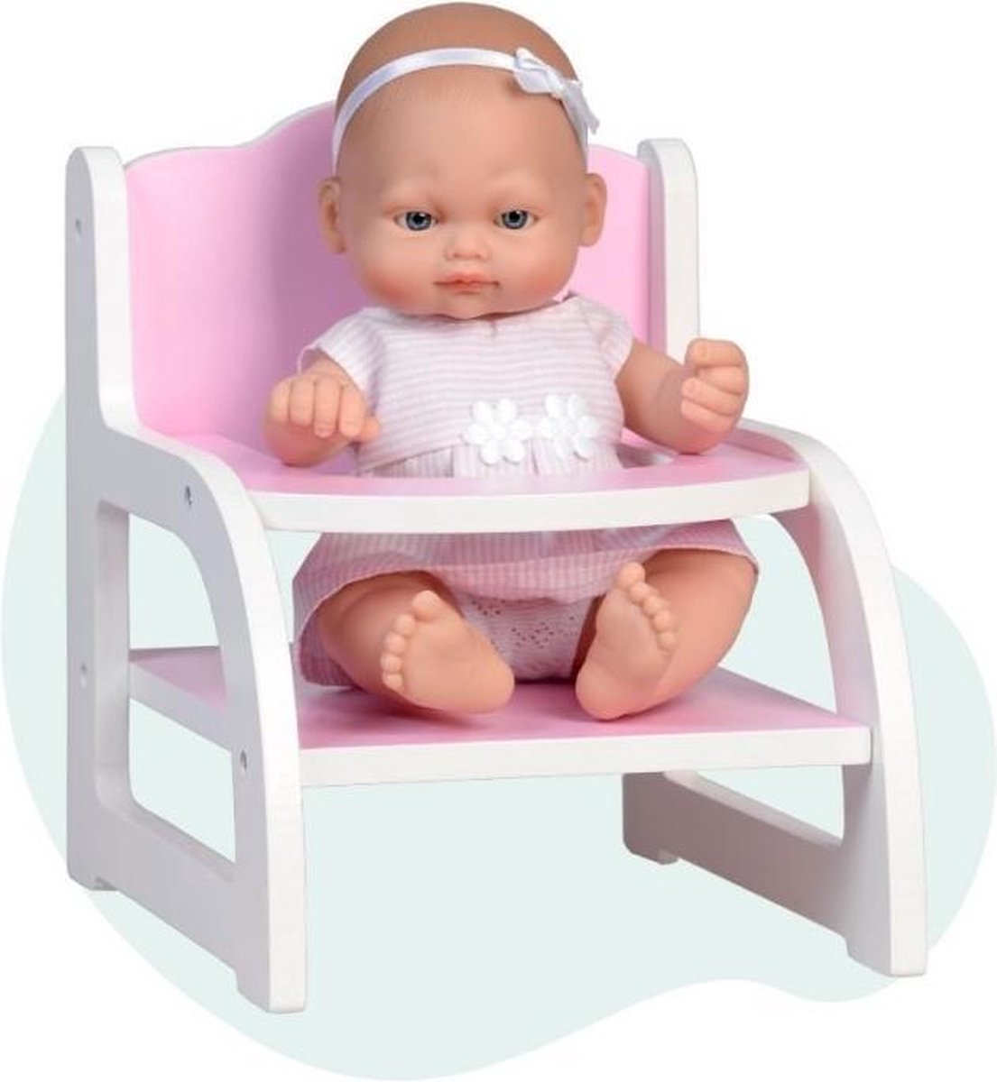 Falca Babypop Mini Baby Met Houten Kinderstoel 28 Cm Roze