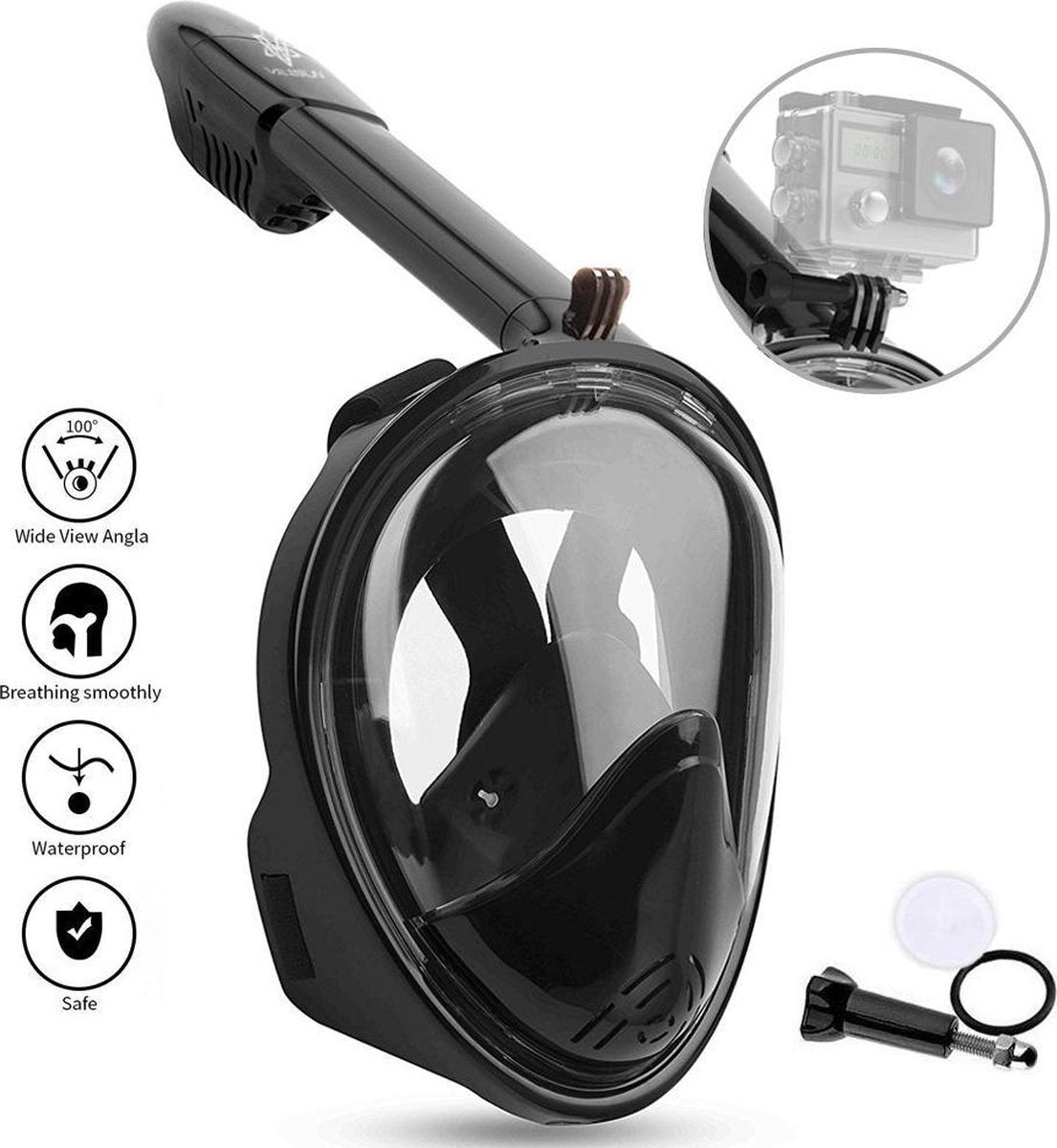 EKEO Duikmasker- Volledig gezicht duikbril met snorkel - Snorkelset zwart - snorkelmasker - Maat S/M - Zwart