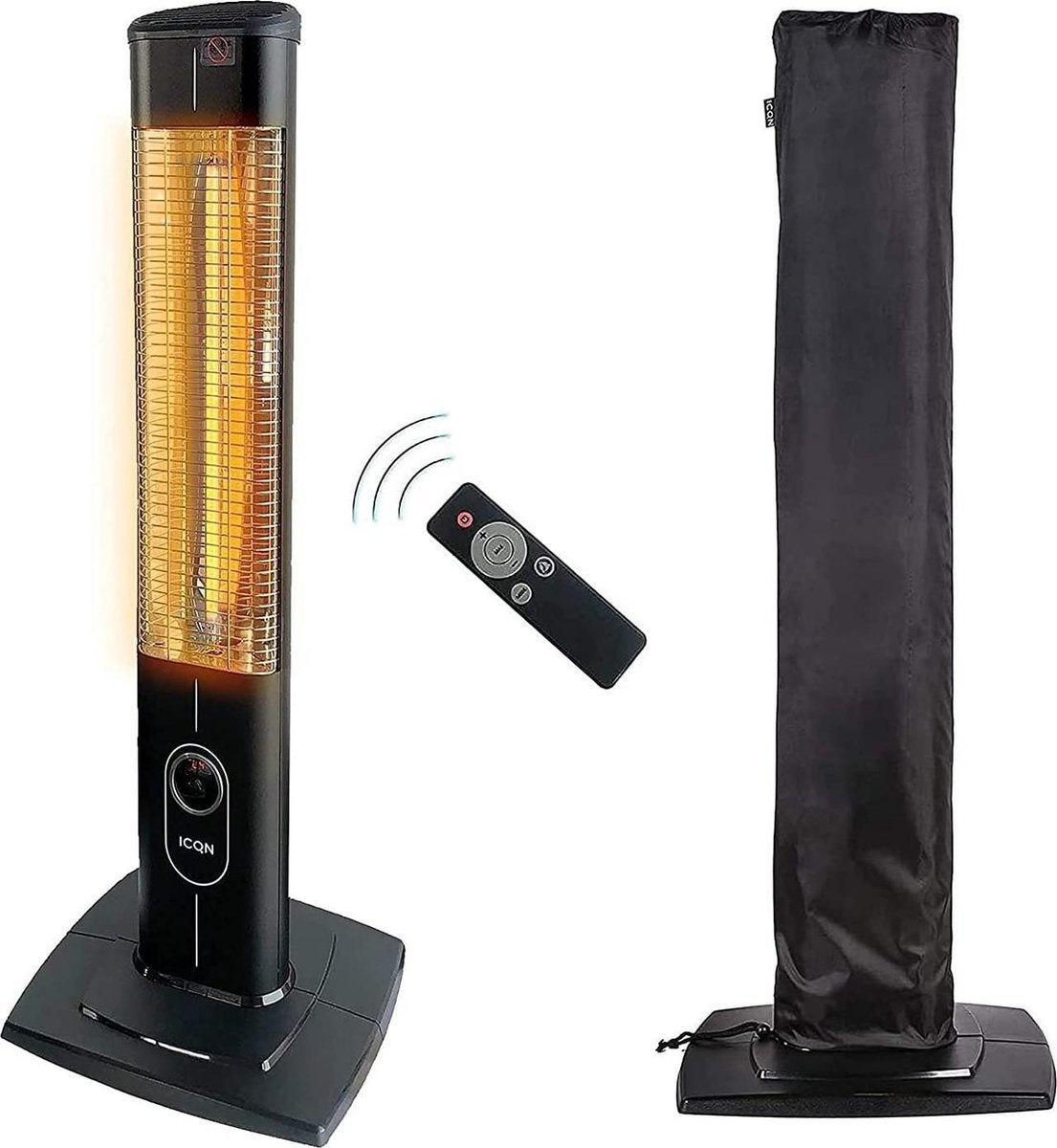 ICQN Infrarood Kachel met Beschermhoes - 2300 Watt - 4 Verwarmingsniveaus - Afstandsbediening - Carbon infraroodkachel voor gebruik binnen en buiten - Terraskachel - IP20 - Digitaal beeld - Timer - Thermostaat