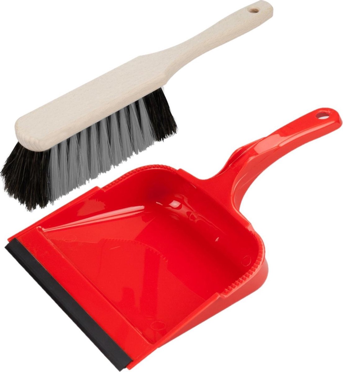 Stoffer en blik rood van kunststof/hout met lip voor binnen - Zachte borstel/handveger