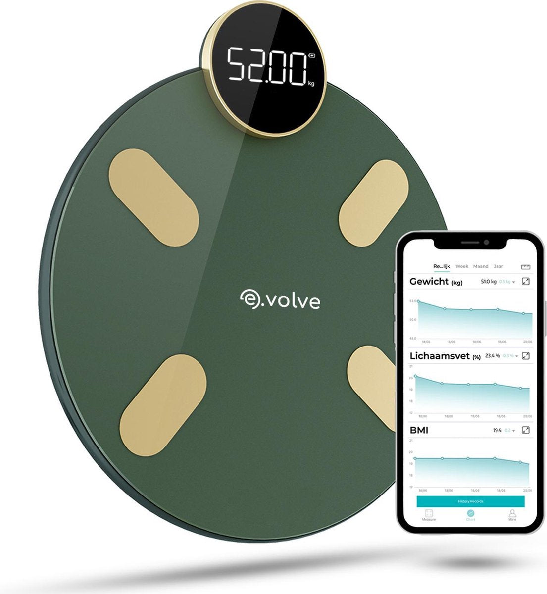 e.volve® Slimme Weegschaal - 13x Lichaamsanalyse o.a. Vetpercentage - Digitale Personenweegschaal met App verbinden geschikt voor Apple iPhone