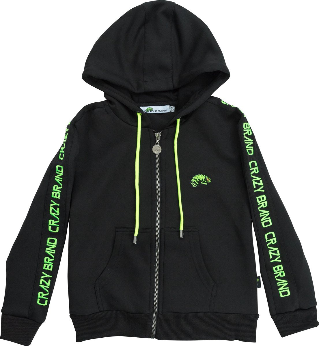 crazy brand kinder trainingsjas sportjas sportvest zwart met lichtgroen logo geborduurd