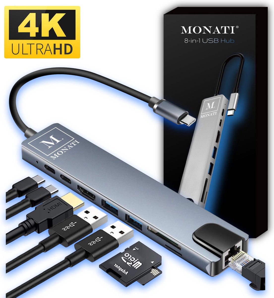 Monati 8 in 1 USB C Hub Adapter - Splitter voor Ethernet 