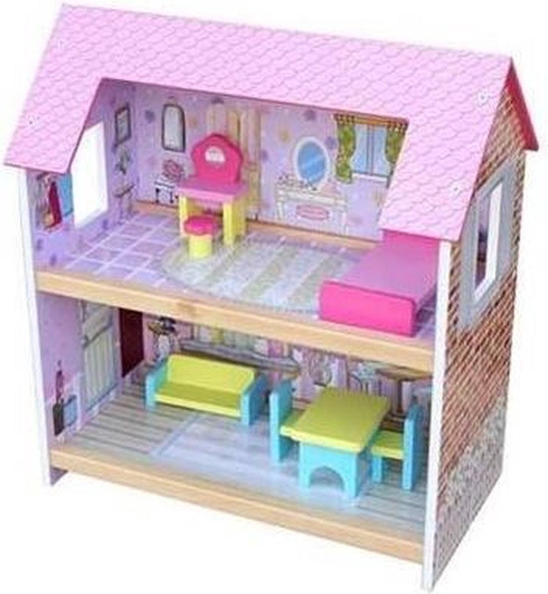 Playwood - Houten Poppenhuis 2 verdiepingen; inclusief 7 meubeltjes