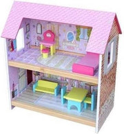 Playwood - Houten Poppenhuis 2 verdiepingen; inclusief 7 meubeltjes