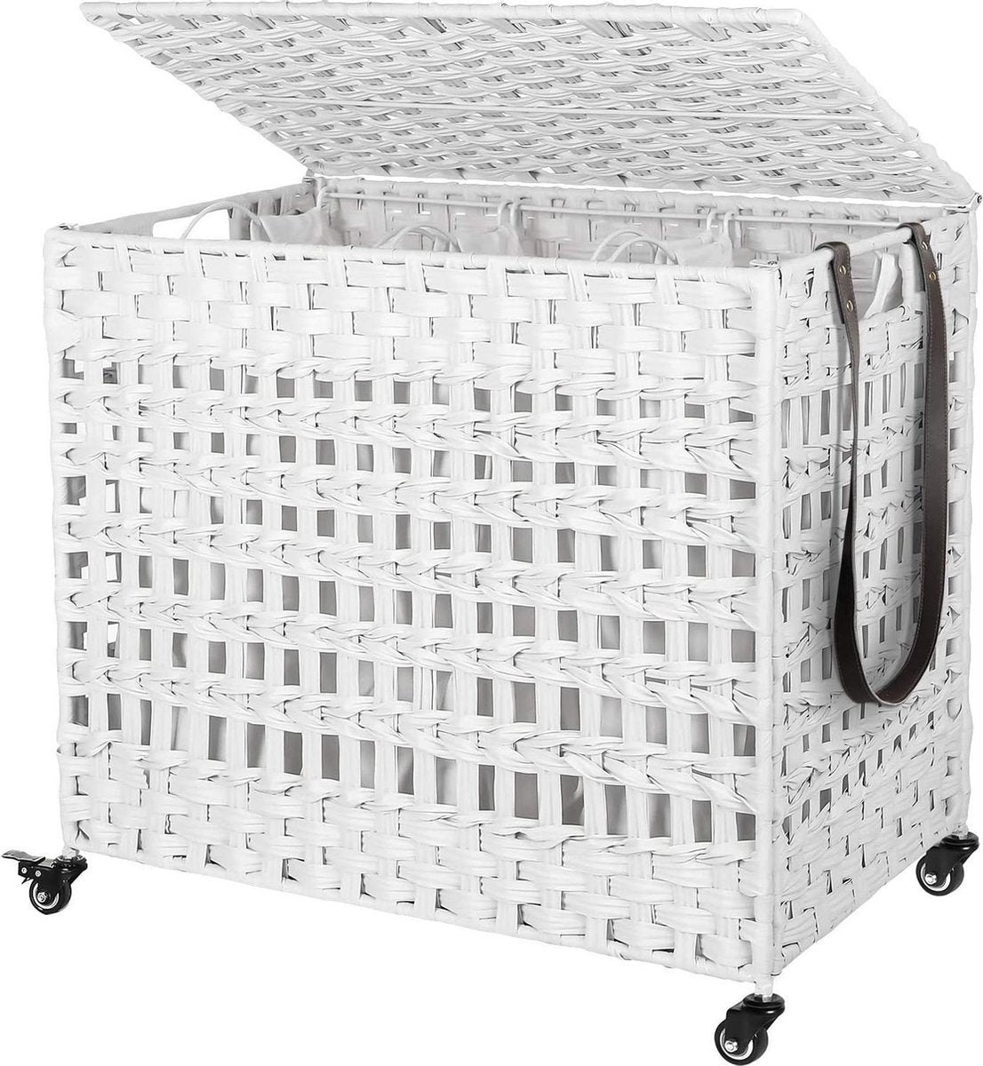 Nancy's Island Pond Handgeweven 143L Wasmand - 3 compartimenten - Opbergmand - Verwijderbare voeringzakken - Naturel/Wit/Grijs - 66 x 35 x 60