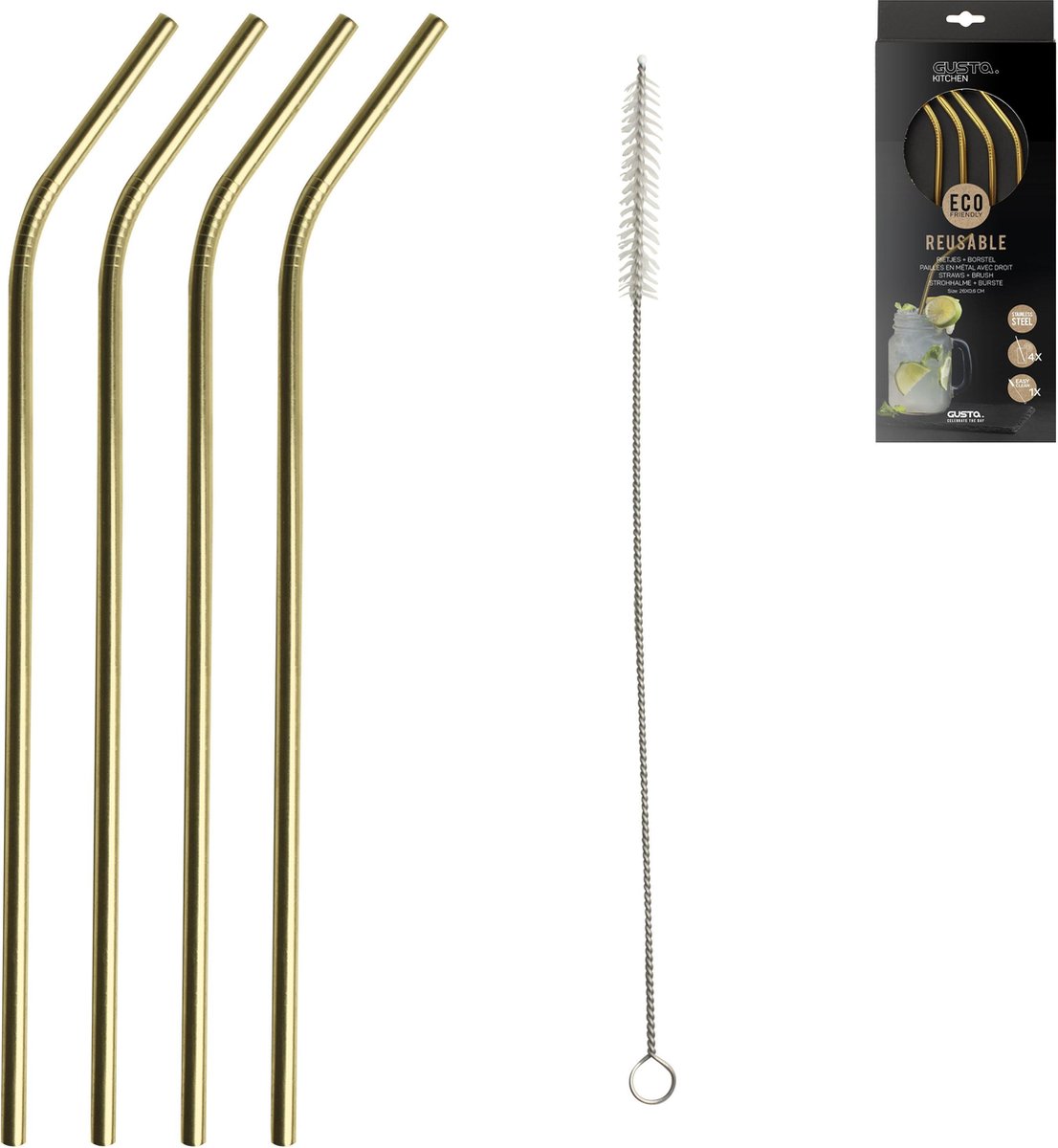 Set Van 4 Rietjes + Borstel-Goud