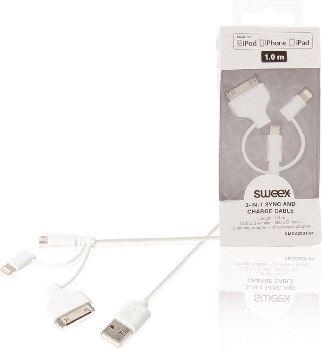 Sweex SMCA0331-01 3-in-1 Data En Oplaadkabel Usb Micro-b Male + Dockadapter + Lightningadapter - A Male 1.00 M Wit
