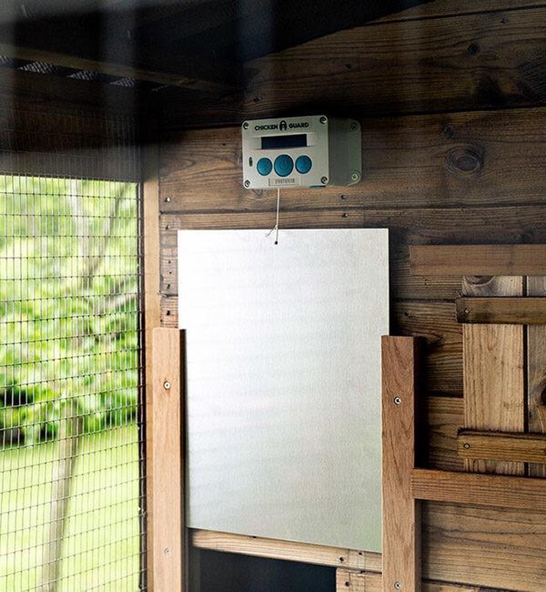 Chickenguard Standard + kippenluik 30 x 40 cm en eiken rails