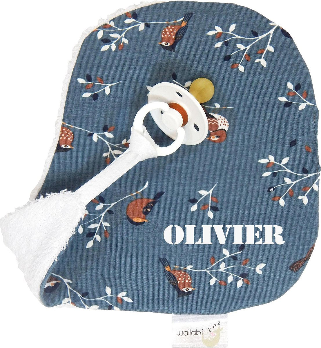 Speendoekje - Knuffeldoekje met naam - gepersonaliseerd kraamcadeau - Wallabiezzz- Blue Birds