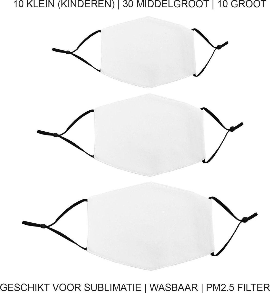 Sublimatie mondkapjes - Set van 50 - Verschillende maten - 10 Small 30 Medium 10 Large - sublimeren - pm2.5 filter - mondkapje face mask gezichtsmasker herbruikbaar wasbaar uitneembare filter blanco mondmasker
