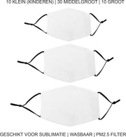 Sublimatie mondkapjes - Set van 50 - Verschillende maten - 10 Small 30 Medium 10 Large - sublimeren - pm2.5 filter - mondkapje face mask gezichtsmasker herbruikbaar wasbaar uitneembare filter blanco mondmasker