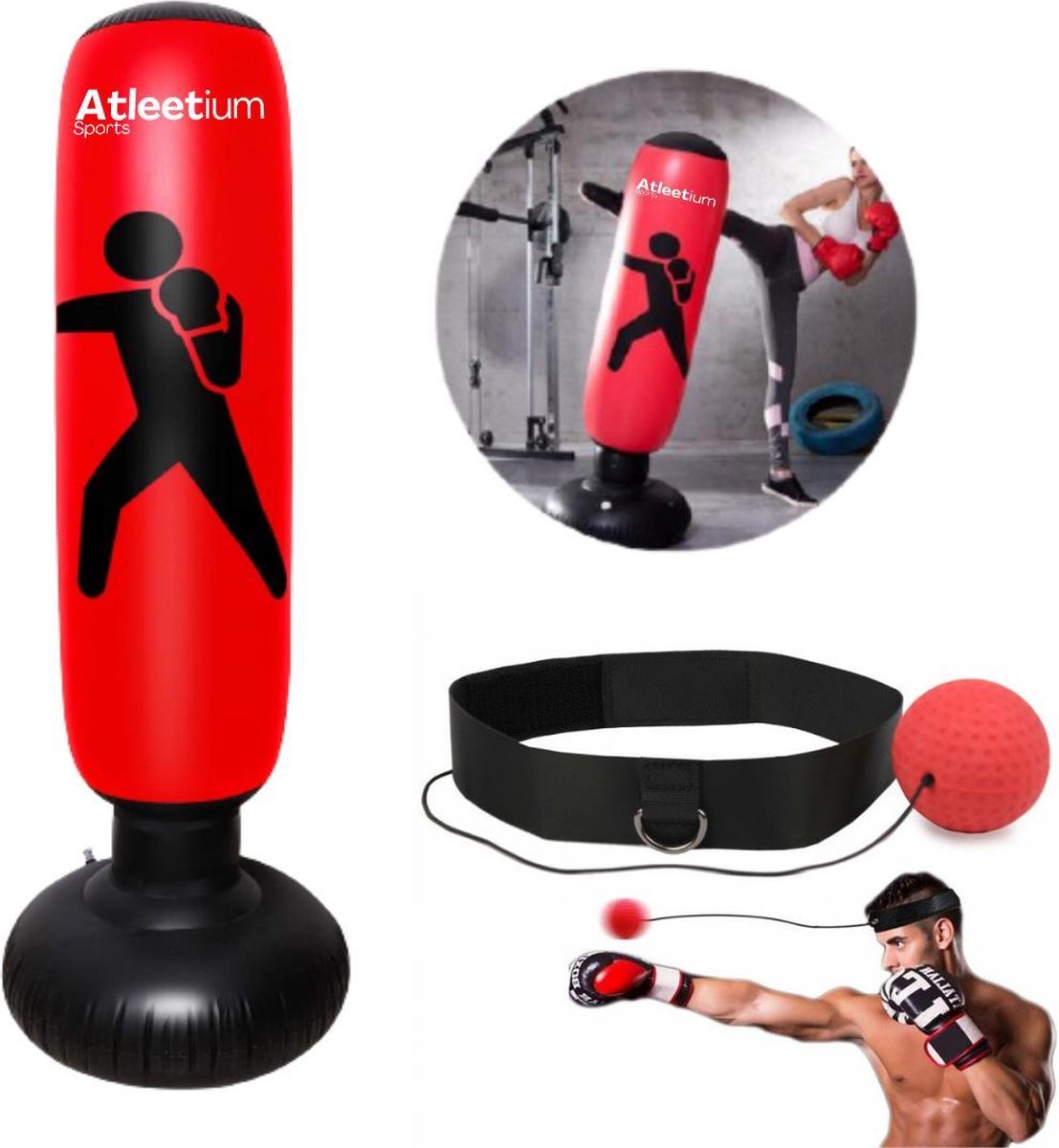 Atleetium Opblaasbare Bokszak - Bokspaal - Staande Bokszak - Bokszak voor Kinderen/Volwassenen - Boxzak - Boksen en Trainen - Inclusief GRATIS Boxbal - Rood