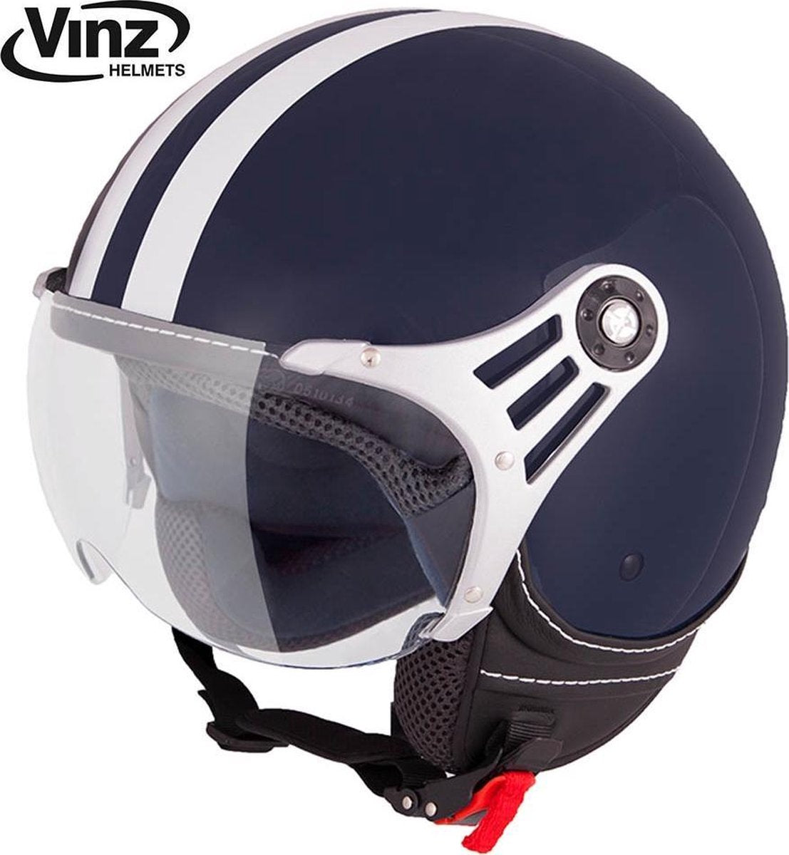 Vinz Fiori Jethelm Marine Blauw met Witte Strepen / Scooterhelm / Brommerhelm / Motorhelm / Fashionhelm voor Scooter / Vespa / Brommer / Motor