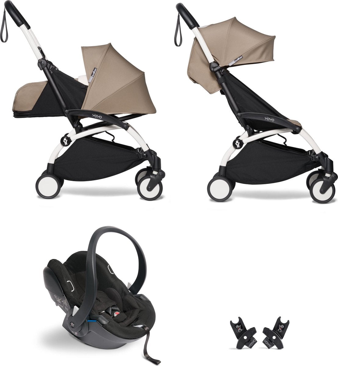 Babyzen YOYO² buggy COMPLEET / FULL SET 0+ en 6+ taupe frame wit incl. YOYO² BeSafe autostoel zwart