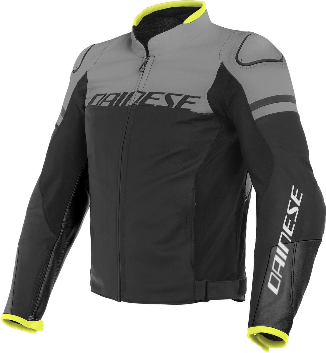 Dainese Agile Black Matt White Fluo Yellow Leather Motorcycle Jacket 50