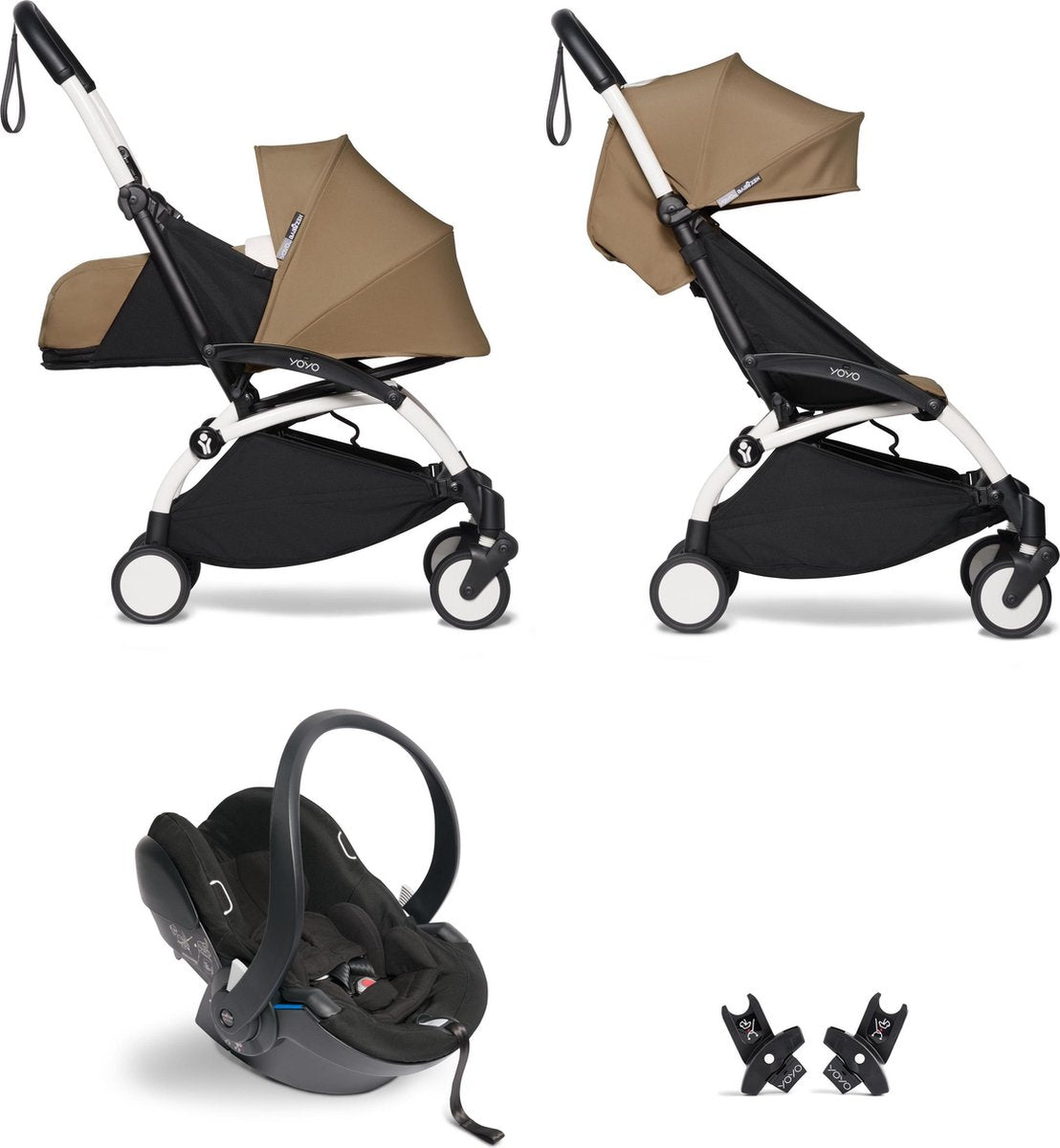 Babyzen YOYO² buggy COMPLEET / FULL SET 0+ en 6+ toffee frame wit incl. YOYO² BeSafe autostoel zwart