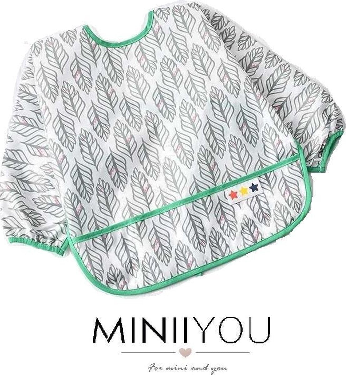 Slabbetje lange mouwen met brede opvangbak (6-24 maanden) - roze veren - baby en dreumes - wasbaar - waterproof - waterdicht - knutsel kliedershort