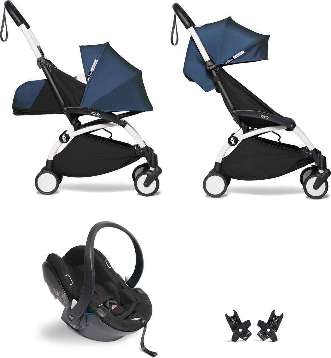 Babyzen YOYO² buggy COMPLEET / FULL SET 0+ en 6+ navy AirFrance frame wit incl. YOYO² BeSafe autostoel zwart