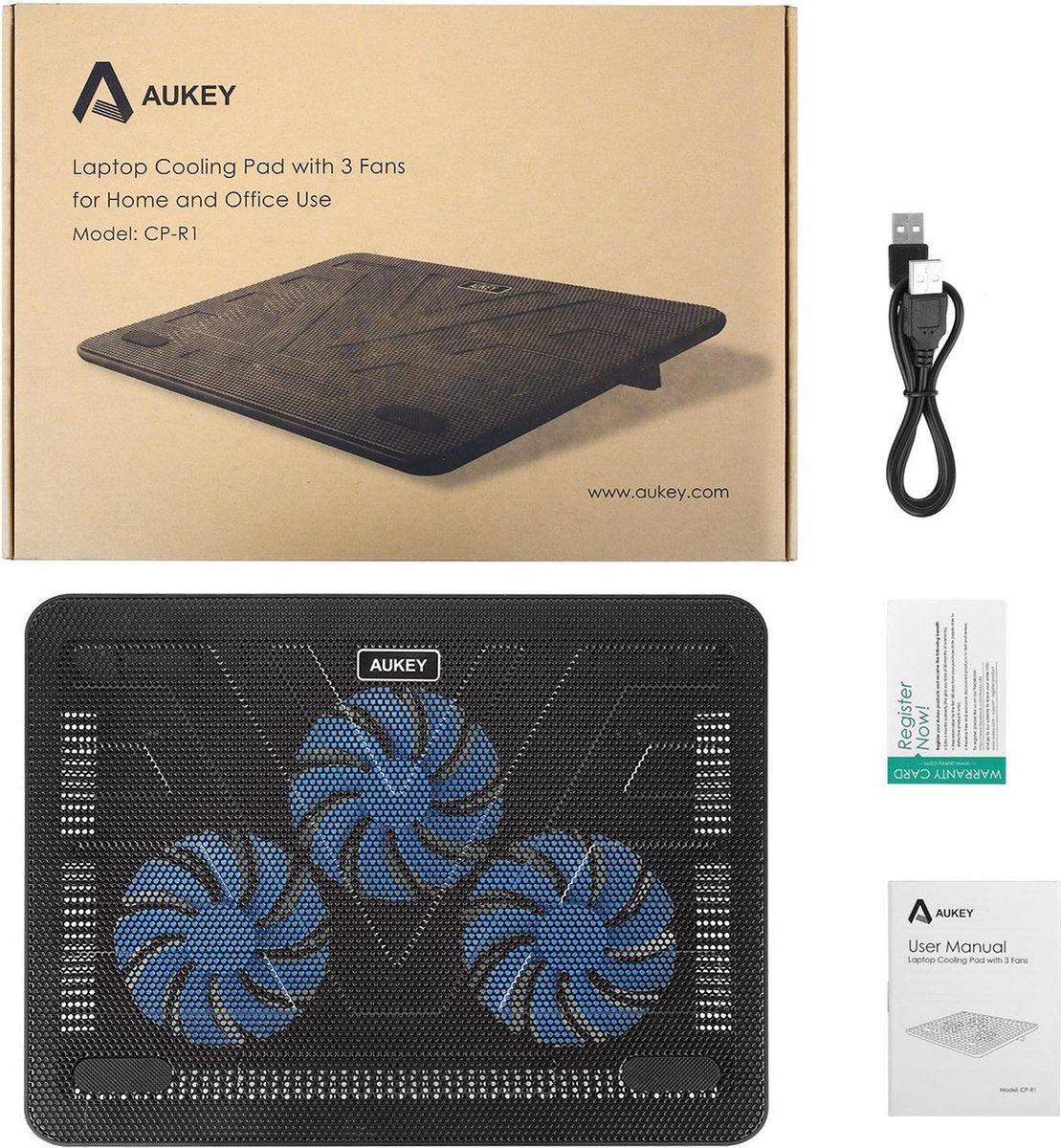 AUKEY Laptop Cooling Pad 12"-17" Ultrastille laptopkoeler met 3 ventilatoren