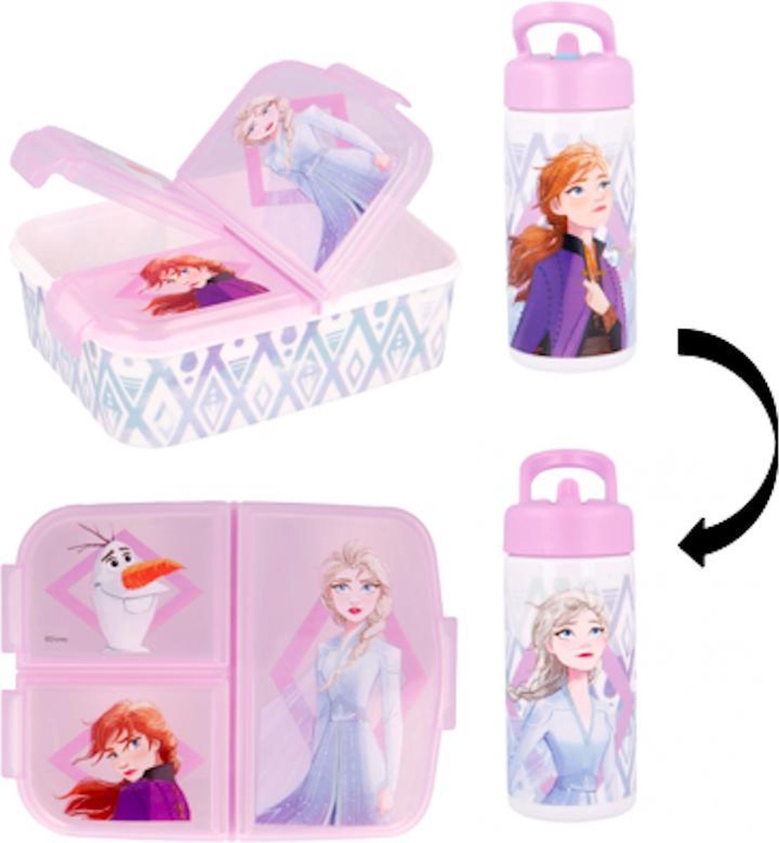 Disney Frozen Multi compartment broodtrommel (18cm X 13cm X 6cm) + drinkfles (18 cm hoog) 400 ml