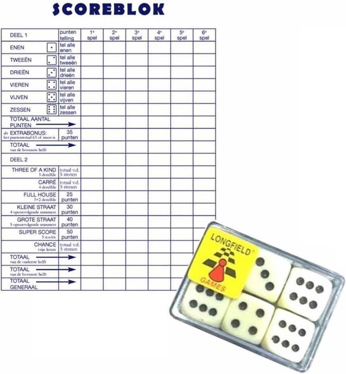 1x Scoreblokken Yahtzee 250 vellen met 6 dobbelstenen - Dobbelspellen - Familiespelletjes - Yahtzee scoreblok