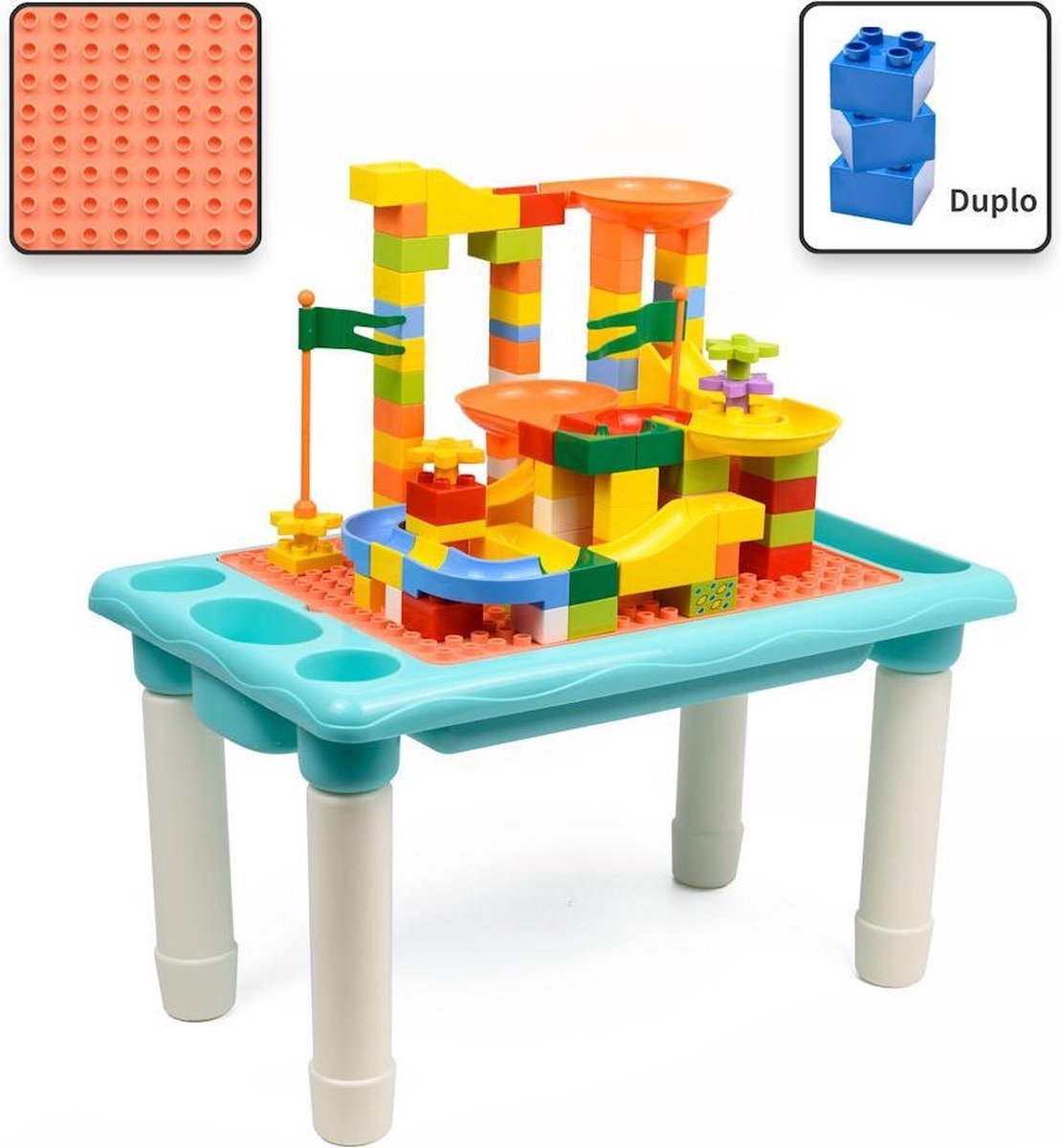 Decopatent® - Kindertafel Bouwtafel - Speeltafel met bouwplaat (Voor Duplo® blokken) en vlakke kant - 4 Vakken - Met 78 Bouwstenen