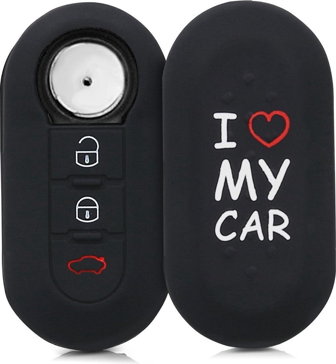 kwmobile autosleutelhoes voor Fiat Lancia 3-knops inklapbare autosleutel - Siliconen beschermhoes in wit / rood / zwart - I Love My Car design