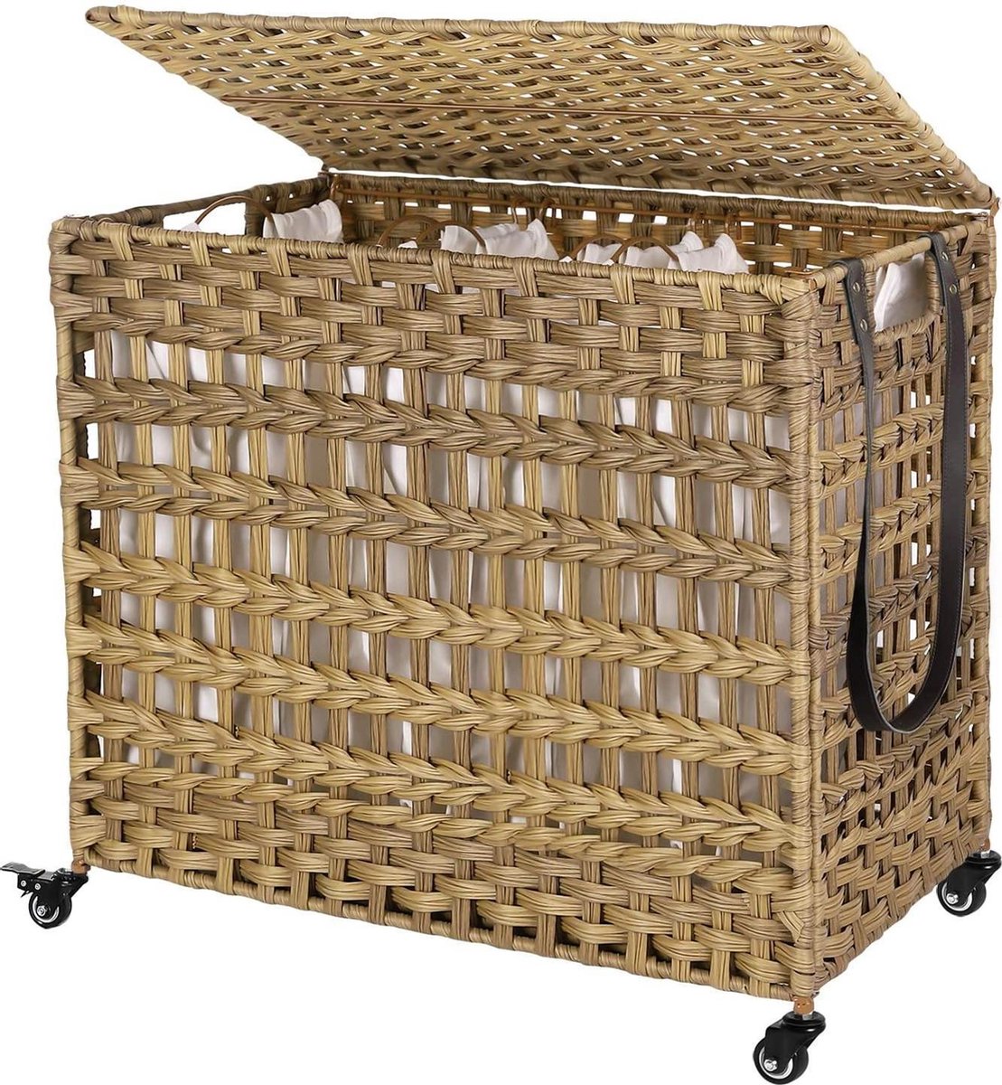 Nancy's Island Pond Handgeweven 143L Wasmand - 3 compartimenten - Opbergmand - Verwijderbare voeringzakken - Naturel/Wit/Grijs - 66 x 35 x 60