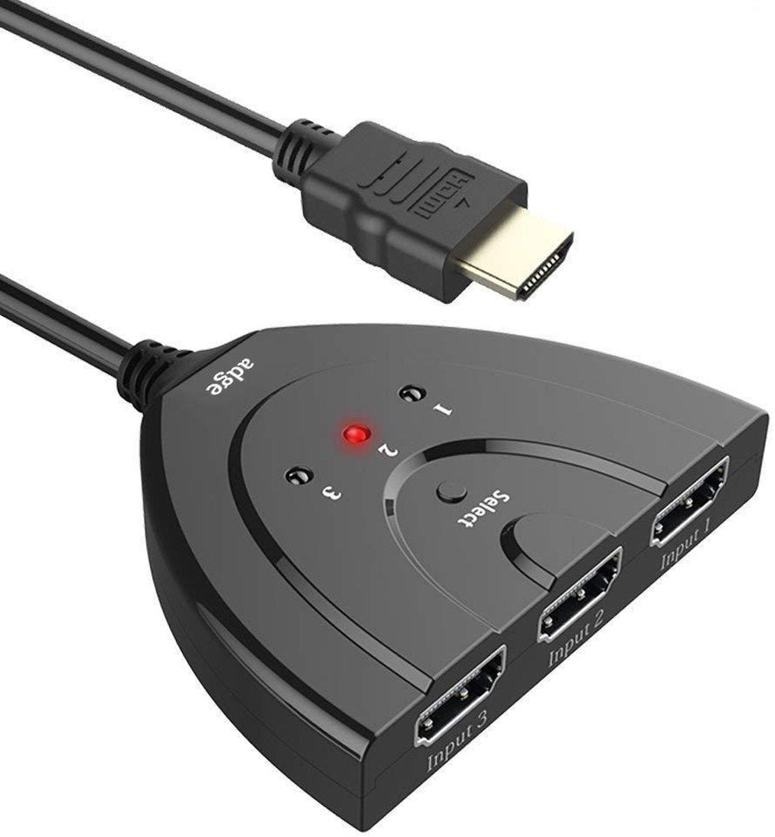 HDMI Switch - Splitter 3 in naar 1 uit  - 3 in 1 - 1080p Full HD - Indicatie LED + Pigtail - Zwart - Adge®