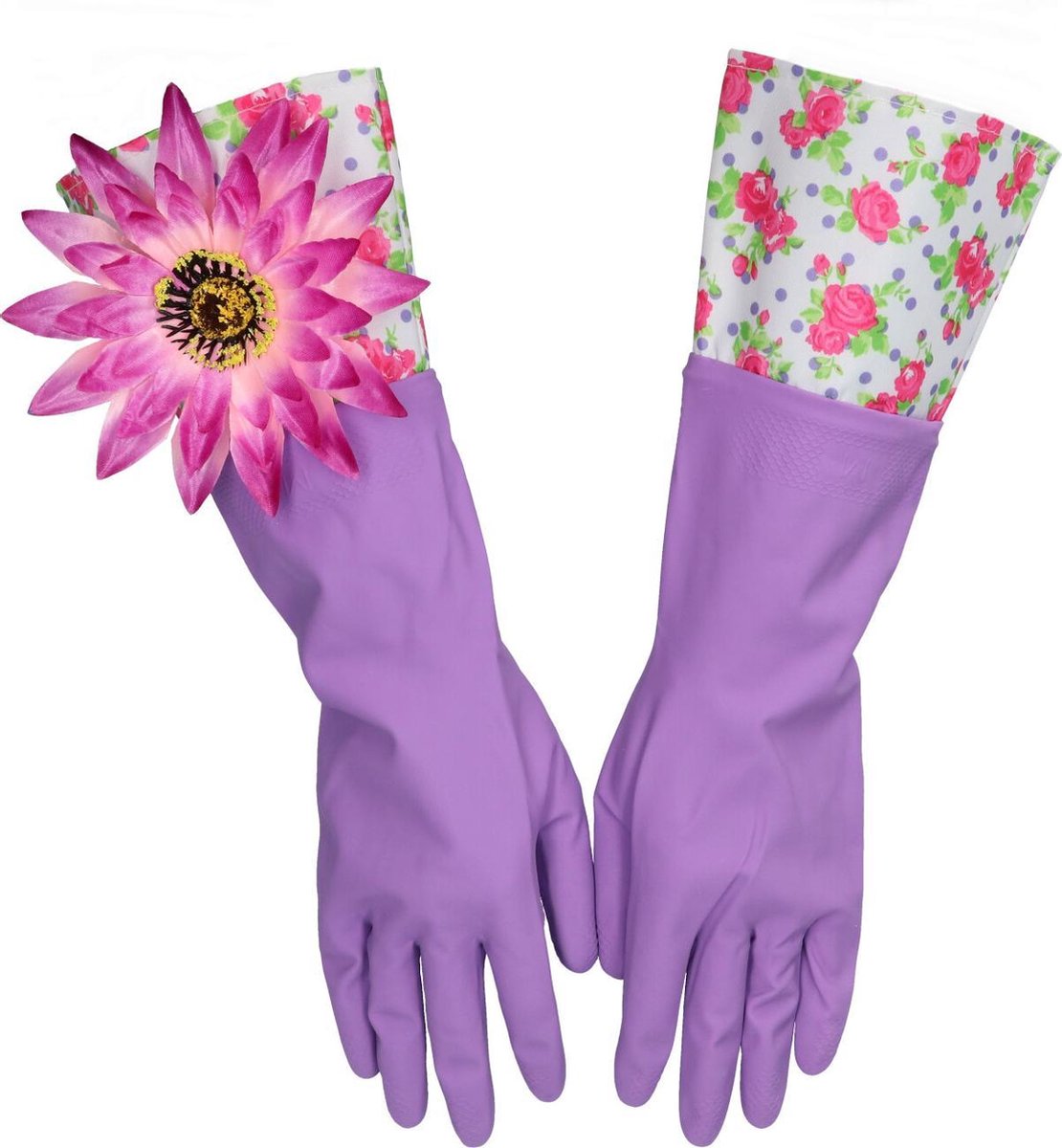 Huishoudhandschoen paars met bloem - medium - luxe gloves latex