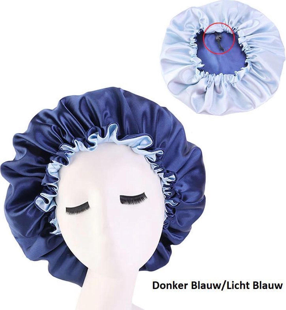 Bonnet Satijn|Slaapmuts Satijn|Hoofddeksel|Verstelbaar|Cabantis|Licht Blauw|Donker Blauw