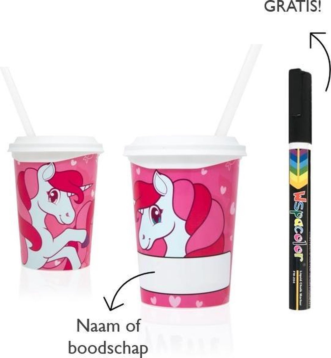 25 x Beschrijfbare party beker Unicorn (350ml) - inclusief uitwisbare stift