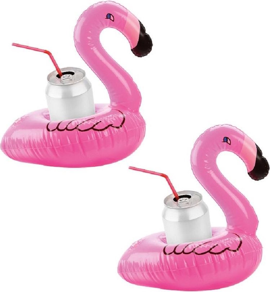 Set van 6x stuks opblaasbare mini dieren flamingo drankhouder 16 cm - Opblaasbare tropische blikjes houders