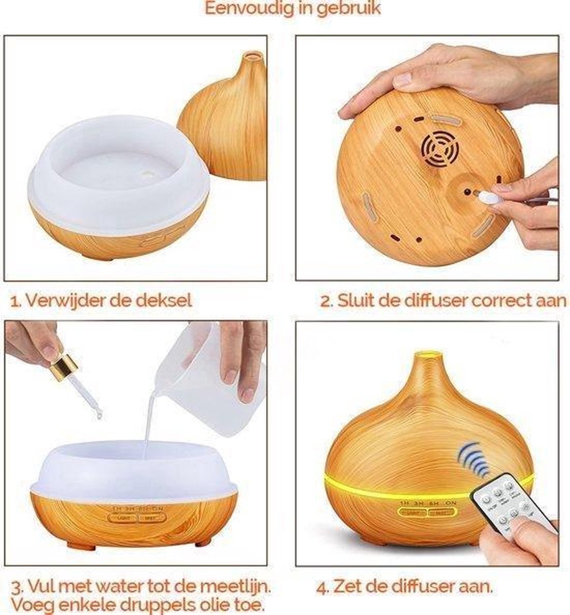 Aroma Diffuser 300ML voor Aromatherapie-inclusief slimme afstandsbediening - Geschikt met Etherische Olie -Luchtbevochtiger - Vernevelaar - Humidifier Cool Mist -  Woodgrain Hout Design + een extra verfrissende Aloë Vera gezichtsdoekje van Nuwero