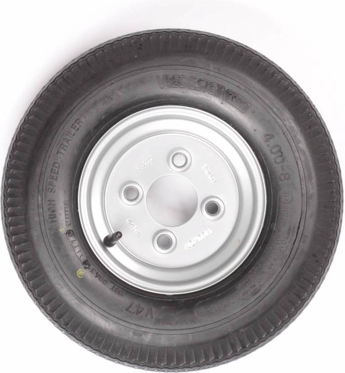 Compleet 8 inch Vredestein wiel - 4.00-8 band + velg - opel steek: 4x100 - 335 kg - 6PR - 60 mm naafdiameter