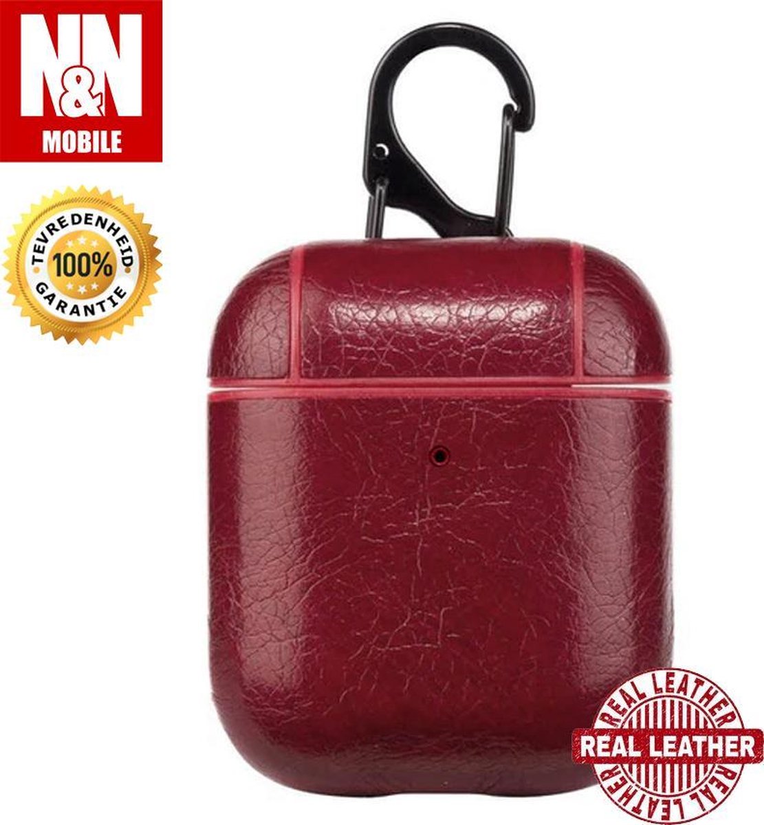 N&N Mobile Lederen Beschermhoes Case Voor Apple Airpods Met Haak - Bordeaux - Superior Kwaliteit - Gegarandeerd Tevredenheid!