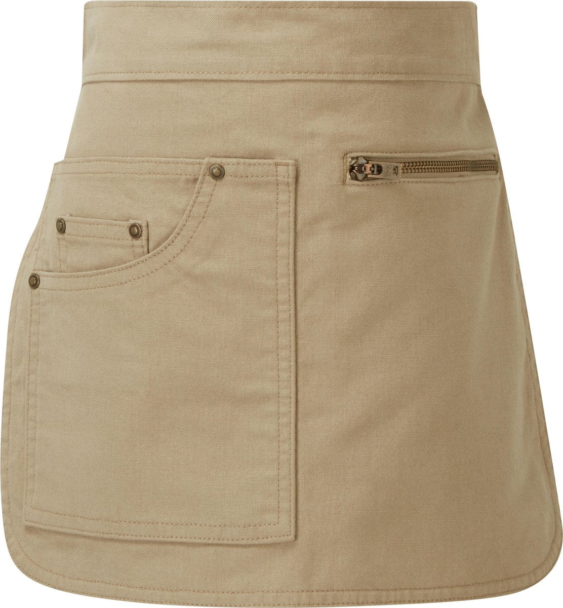 'Metro'  Apron KHAKI PR138  Met een tabletzak in jeansstijl en een ritszak. Regelbare riem met sluithaak in antiek messing en een D-ring.