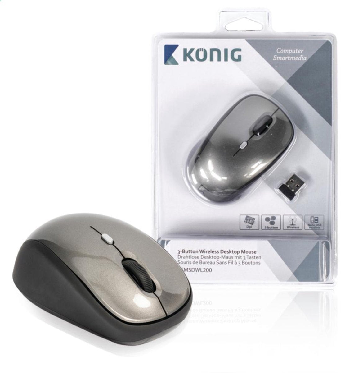 König CSMSDWL200 muis RF Draadloos Optisch 1600 DPI Ambidextrous Zwart