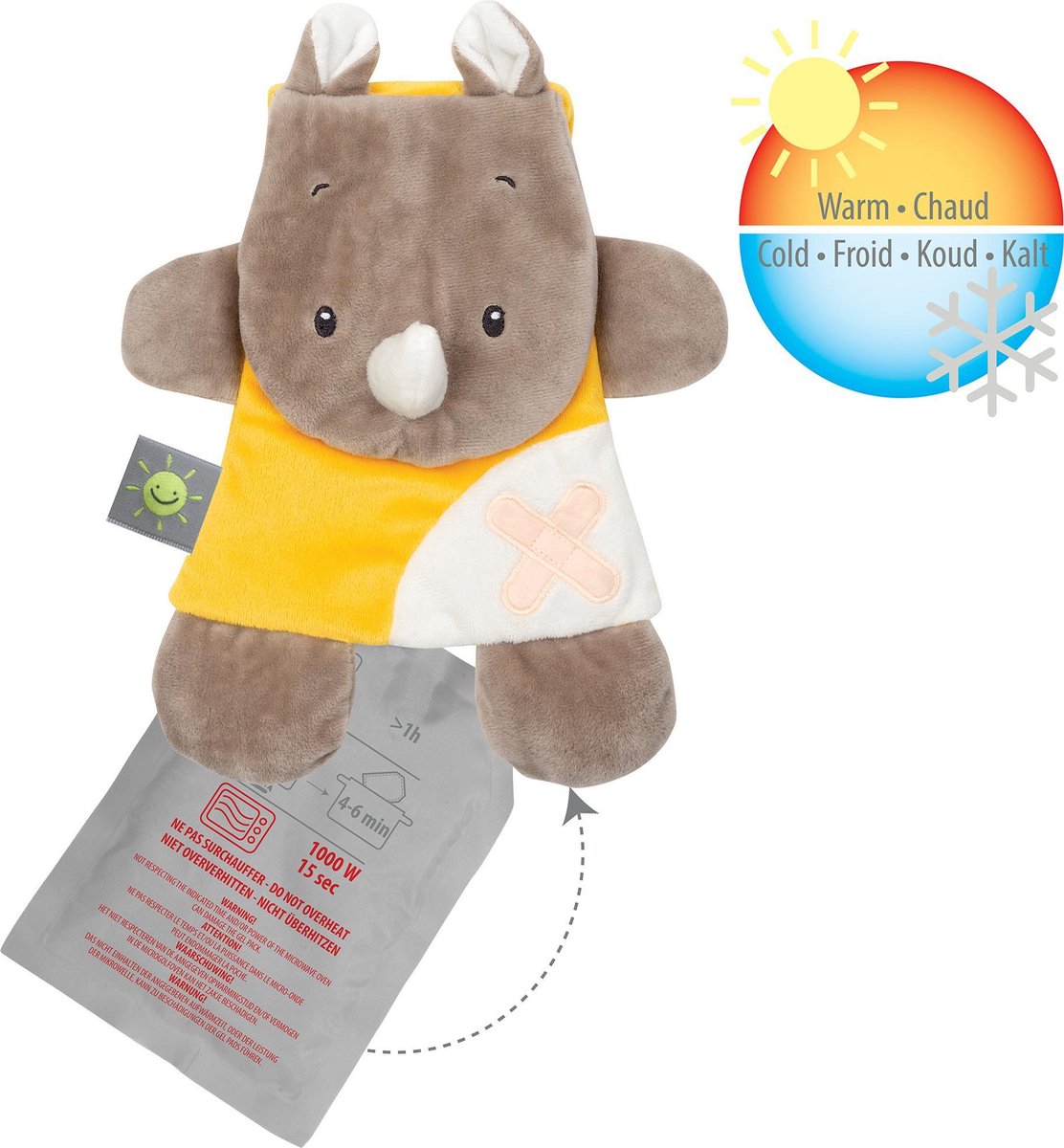 Nattou Neushoorn Buddiezzz - Warmte en Koude Knuffel met Gelpack - 35 cm - Geel
