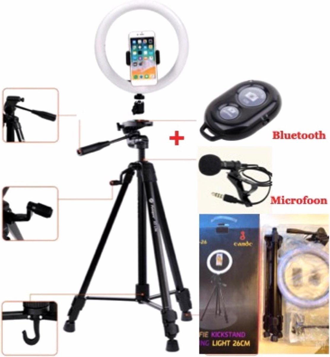 Selfie LED Ring Lamp 26Cm met Spiegel en Statief 143 CM hoog In afstandsbediening